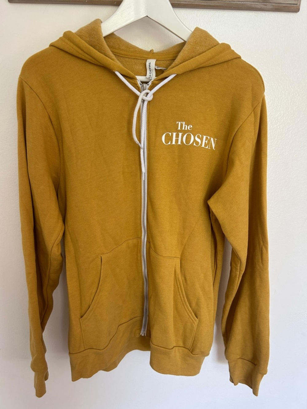 Bella Canvas Mustard Yellow Zip Hoodie with White Drawstrings